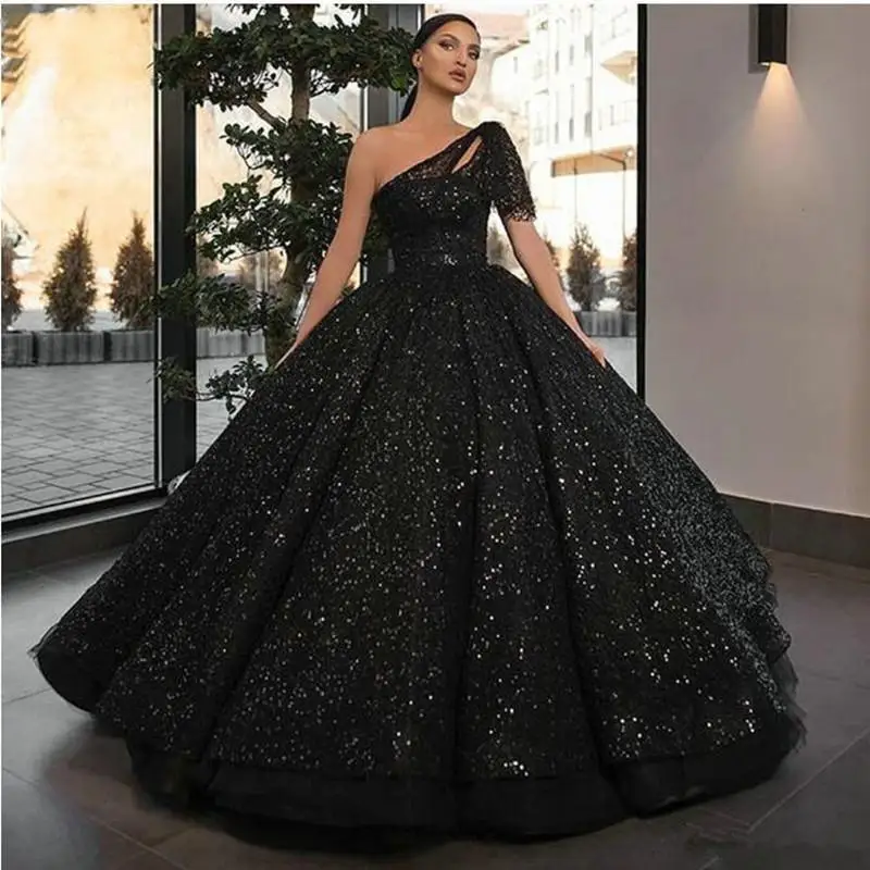 

2023 Sparkly Glitter Sequin Dubai Prom Dress One Shoulder Black Ball Gown Beads Evening Formal Party Wear Vestido De Fiesta