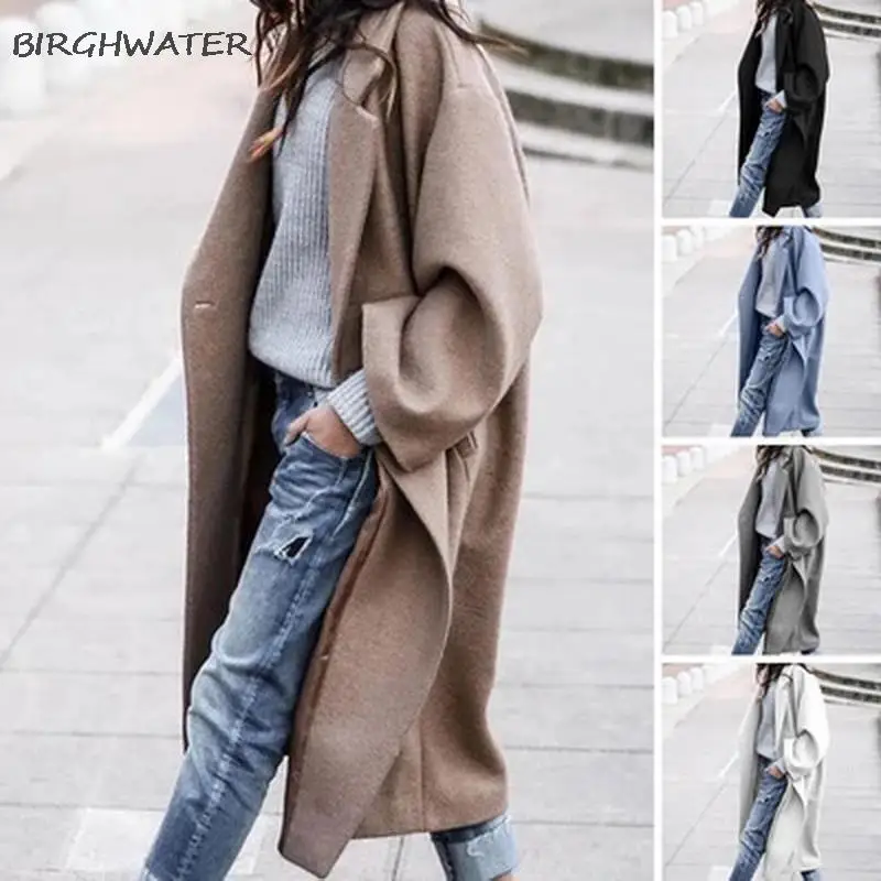 

Тренчкот женский однотонный с длинным рукавом, теплый длинный жакет в винтажном стиле, повседневная куртка с отложным воротником, осень 2021