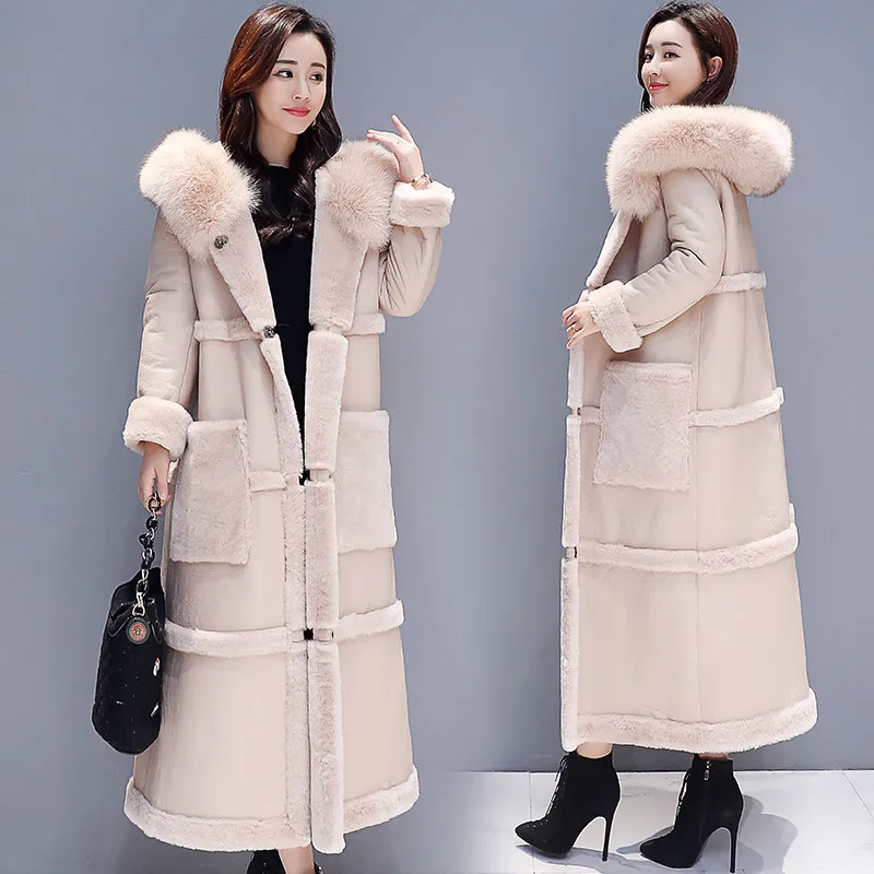 

2020 Winter Women Hooded Jacket Long Lamb Warm Wool Coat Big Fur Collar Female Thicker Jackets Outerwear High -Quality Coats 181