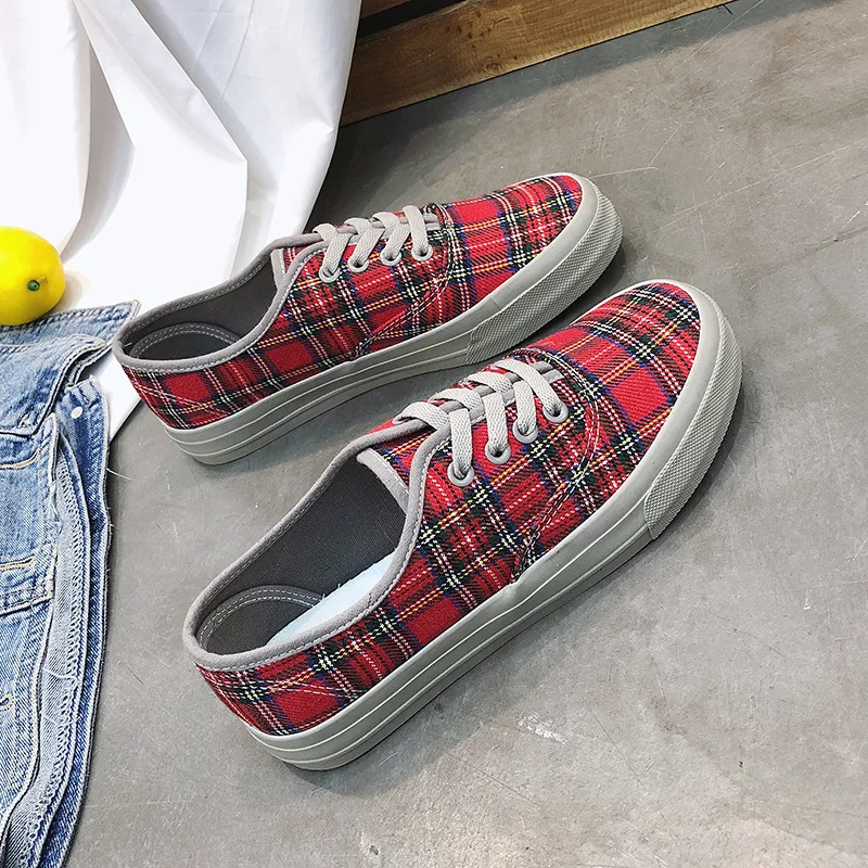 

Classic Canvas Shoes Women Spring/Autumn Gingham Pattern Lace Up Light Weight Casual Shoes For Girl Shallow Chaussure Femme