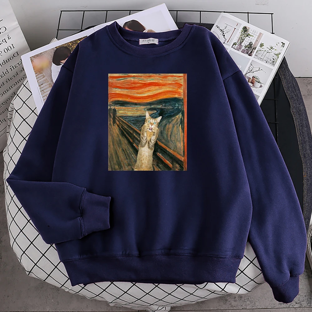

The Scream Art Retort Cat Prints Womens Sweatshirt Simple Warm Autumn Hoody Street Soft Hoodies Hipster Oversize Clothes Female