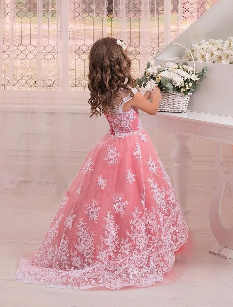 

Lace First Holy Communion Dresses Kids Evening Gowns Floor Length Little Flower girl Dresses Blush Pink Pageant Gown