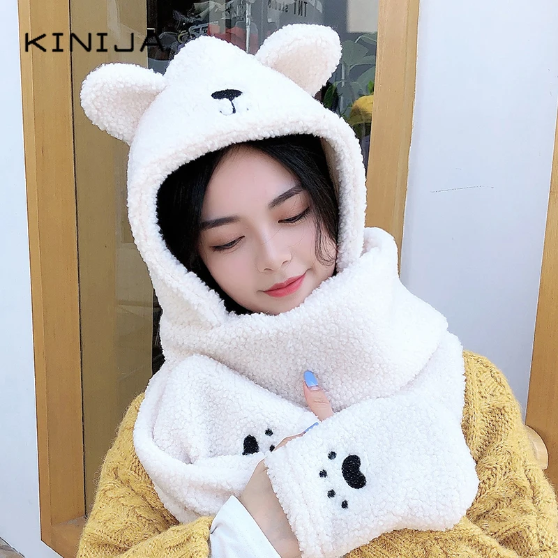 Милая шапка шарф и перчатки Bear Ear в комплекте сплошной цвет яркая теплая Новинка