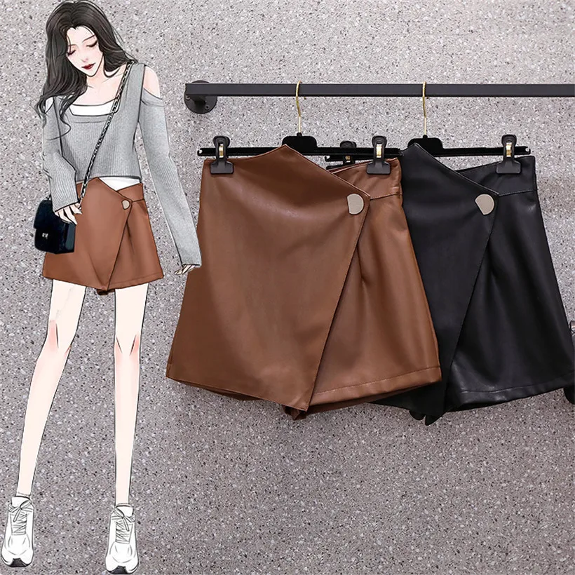 

Pu Leather Plus Large Size Oversize Korean Style Fashion Autumn Women'S Clothing 2021 Casual High Waist Shorts Female Harajuku