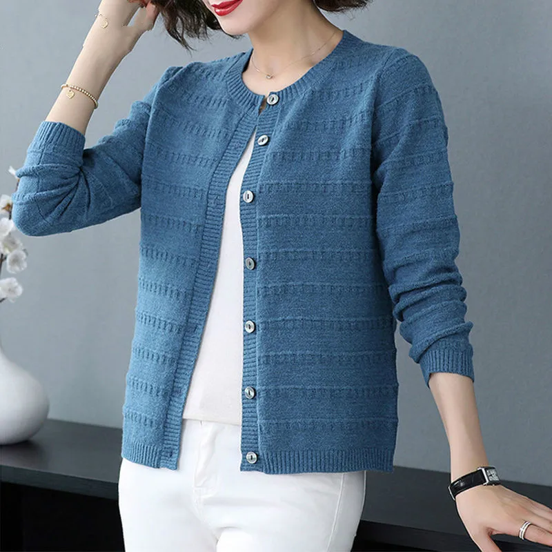 Кардиган женский вязаный PEONFLY однобортный с круглым вырезом длинным рукавом