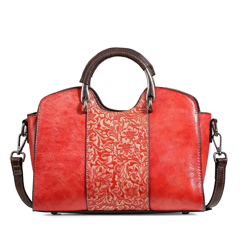 Женская сумка из натуральной кожи с цветочным узором винтажная красная кофейная