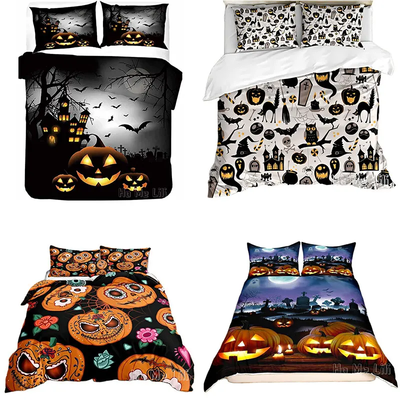 

Halloween By Ho Me Lili Duvet Cover Set Pumpkin Monster Bat Haunted House Cartoon Jack O' Lantern Tombstone Skulls Bedding