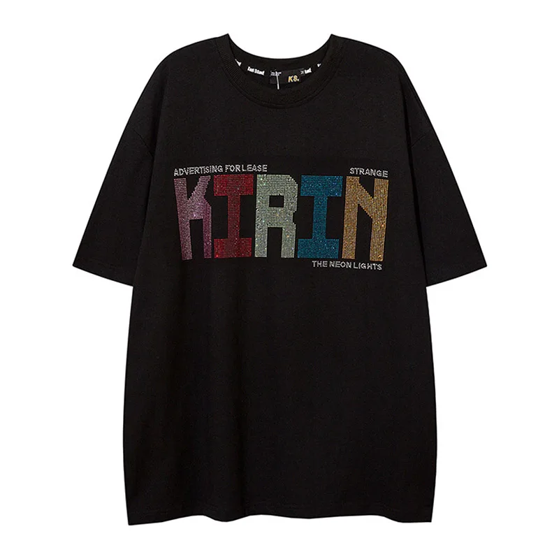 

Alphabet Hot Drilling T Shirts Vintage Hip Hop Loose Tops Tees Black White Short Sleeves T-shirts For Male