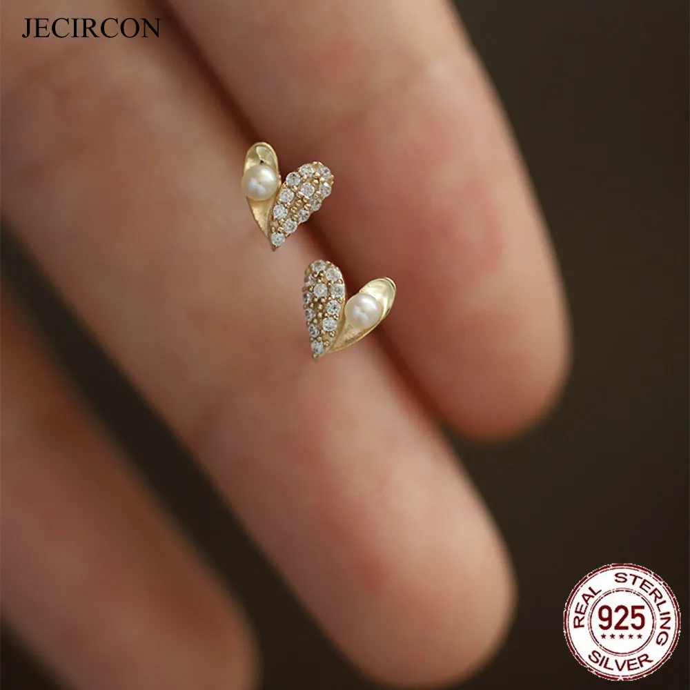 

JECIRCON Heart Micro-inlaid Zircon Pearls Stud Earrings 925 Sterling Silver French Retro Gold Silver color Women Wedding Jewelry