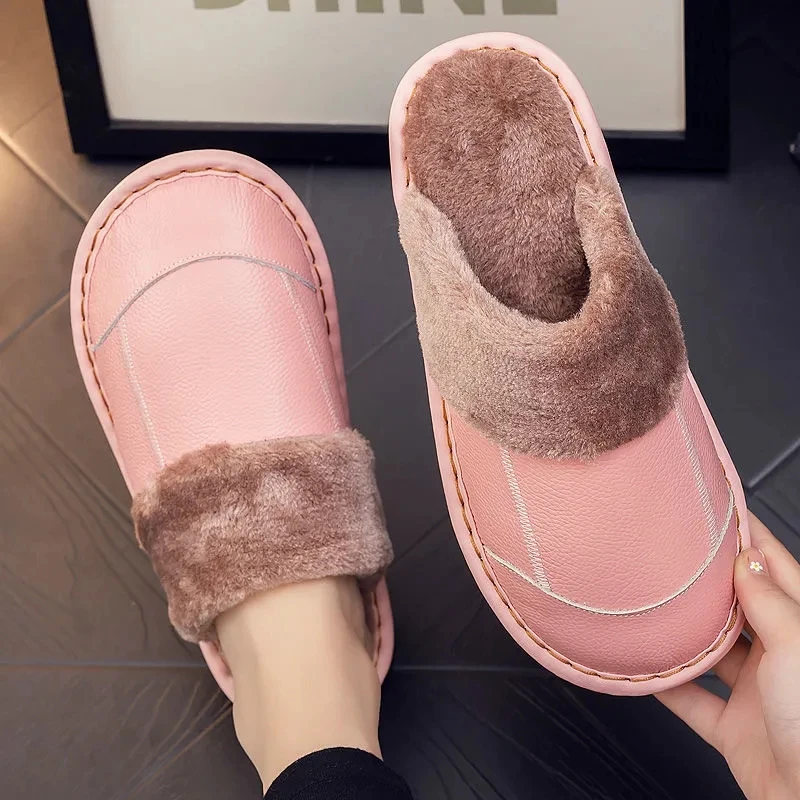

2021 Trendy Unisex womens fur slides winter slippers female indoor shoes Luxury brand genuine leather home slippers