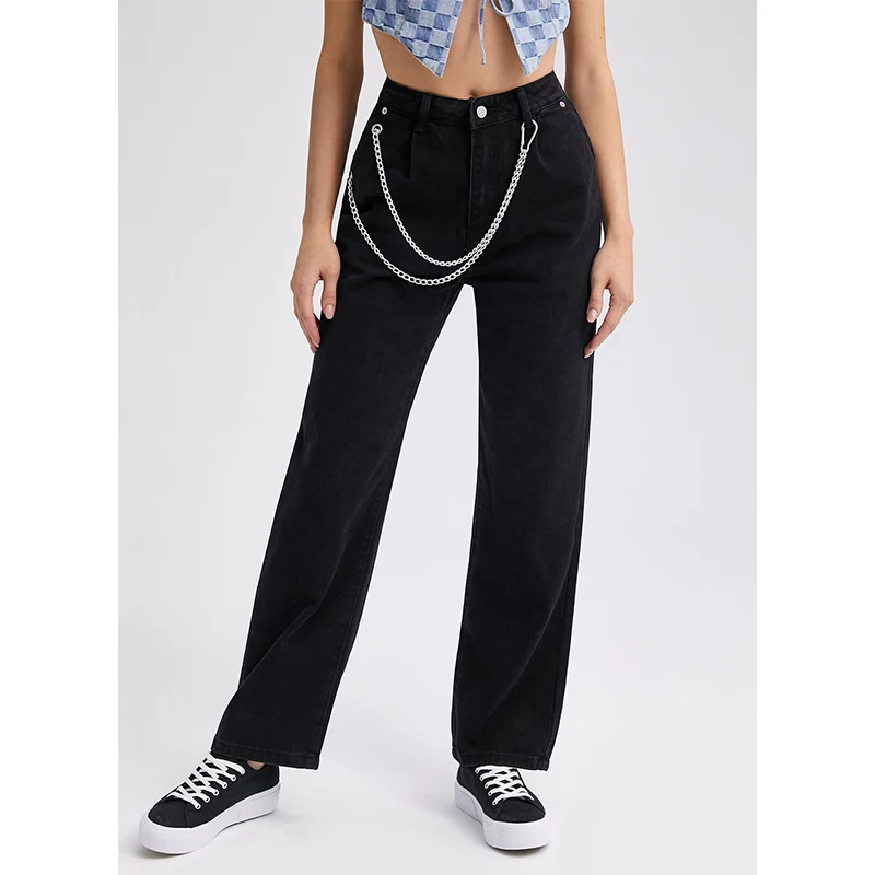 

Women Chain Pockets Zipper Straight Jeans 2021 Autumn New Fashion Wide Leg Pants Streetwear Black Denim Trousers