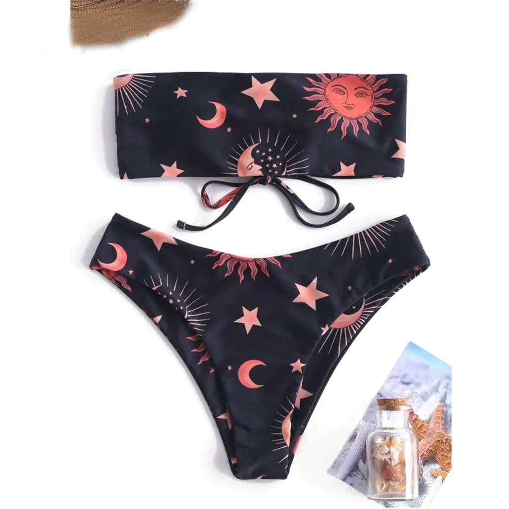 

Moon and Sun Print Bikini Sets Women Sexy Off Shoulder Thong Two Pieces Swimsuits 2019 Girl Bandage Beach Bathing Suits Swimwear