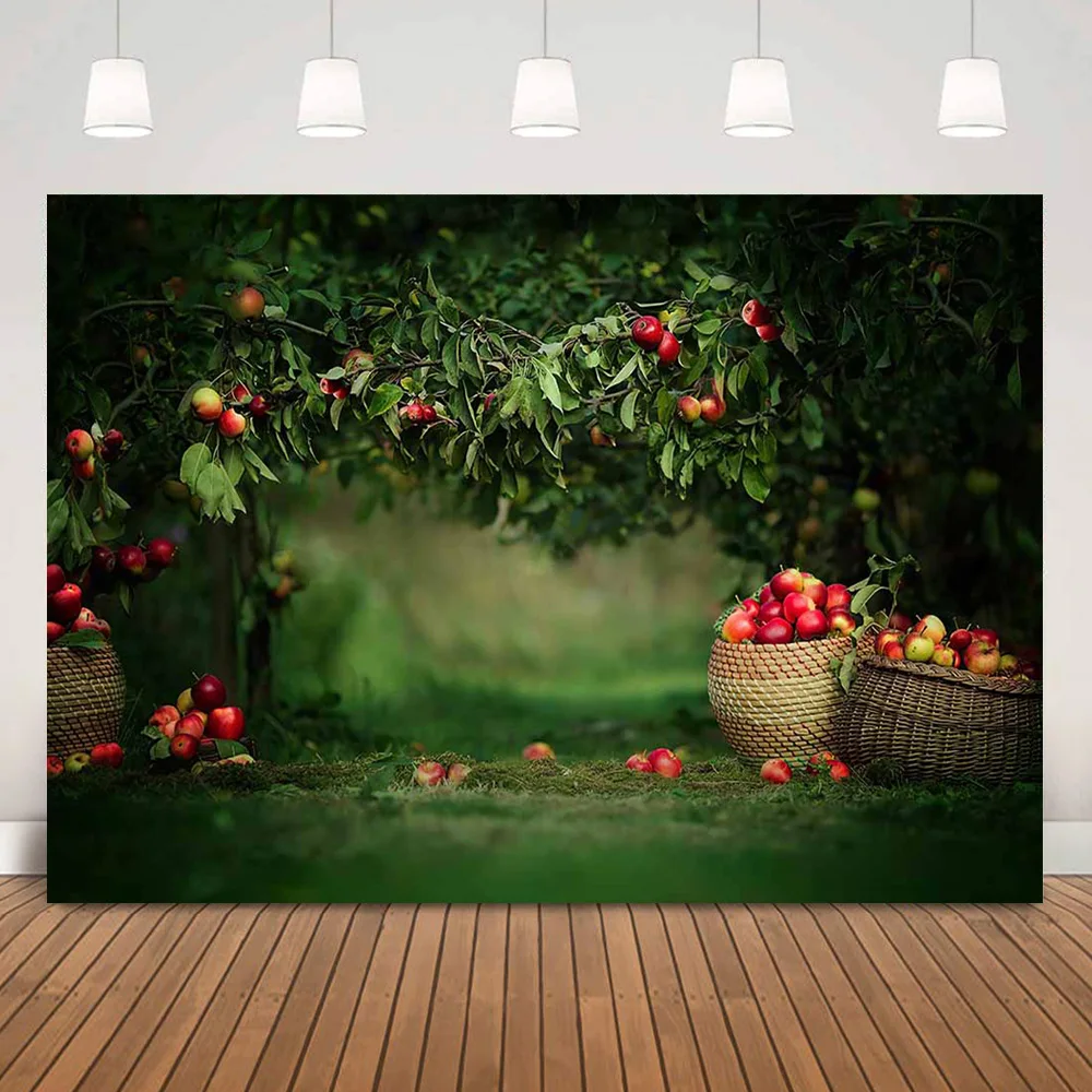 Apple Portrait Backdrop for Photo Studio Orchard Landscape Green Trees Fruit Stand Background Photography Photoshoot Props