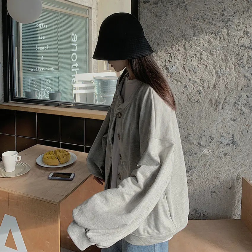 

Spring Women Gray Oversize Terry Fabric Jacket Single-Breasted Round Collar Loose Fitting Looped Coat Korean Style Outerwear