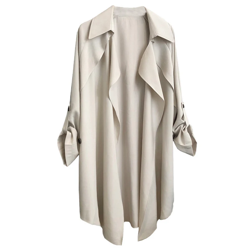 

[EAM] Women Apricot Bandage Brief Big Size Trench New Lapel Long Sleeve Loose Fit Windbreaker Fashion Spring Autumn 202 1Y647