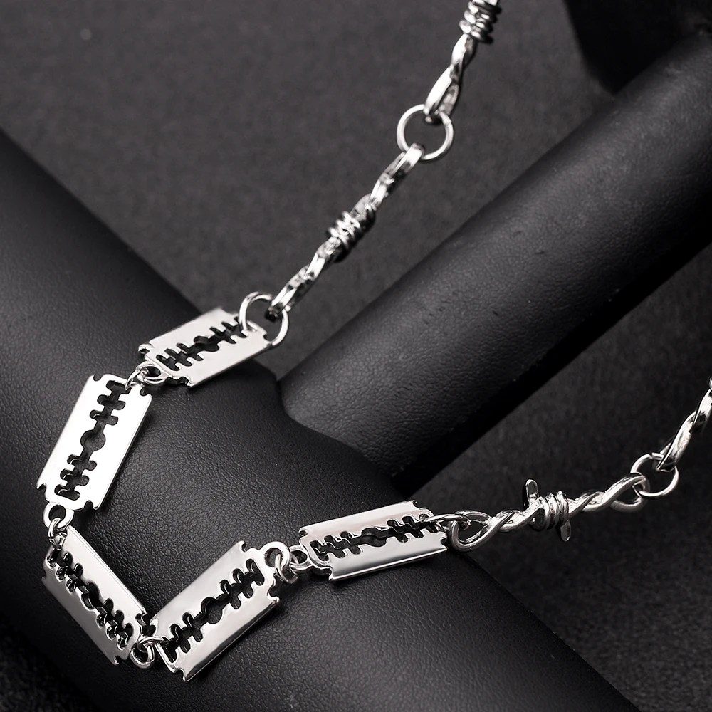 Цепочка с шипами в стиле панк ожерелье серебряного цвета лезвием для бритвы