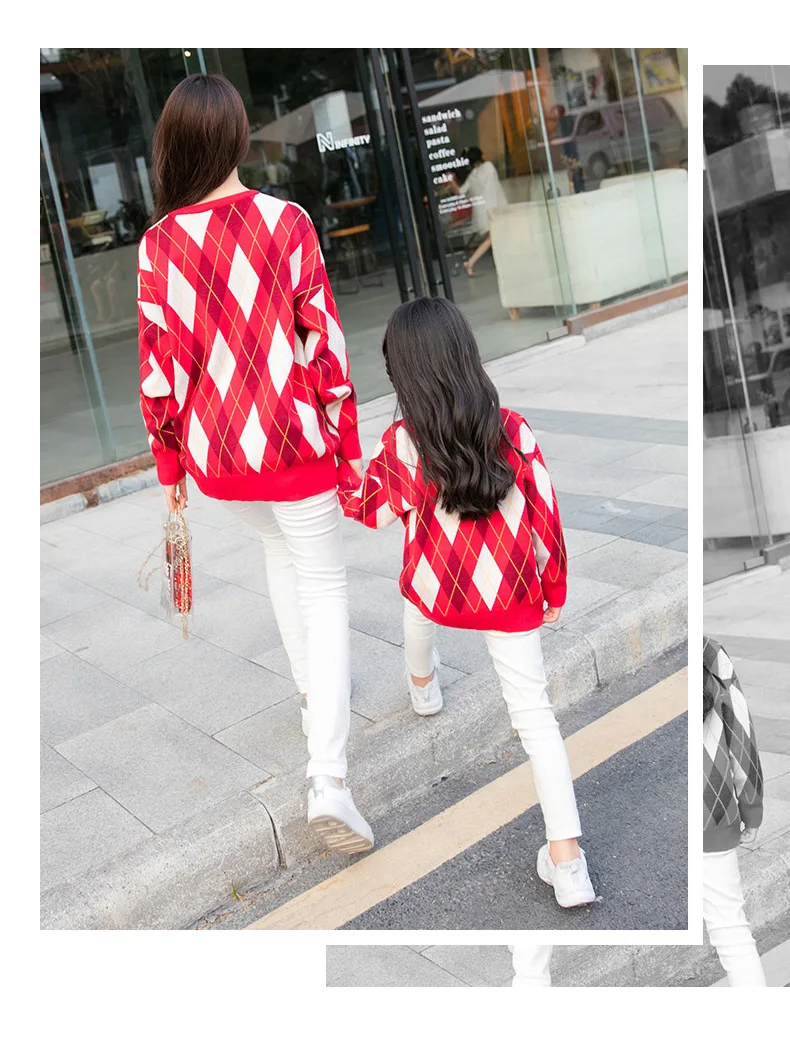 New Rhombic Grid Pullover Top Sweater Mom And Daughter Matching Clothes Knitted Pullovers Mother Me Family Outfits | Мать и ребенок