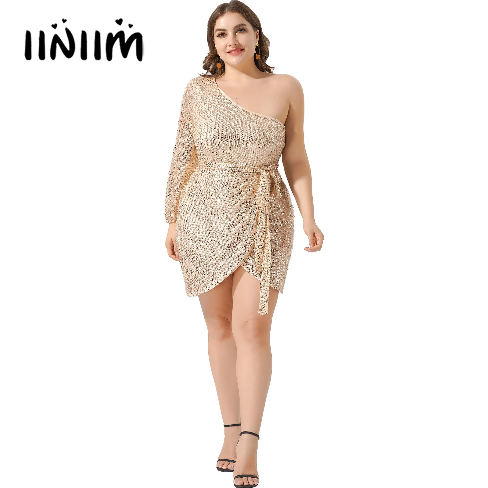 

Женское платье большого размера с одним наклонным плечом, длинным рукавом, перекрещивающимся спереди, невидимой молнией, боковыми блесткам...