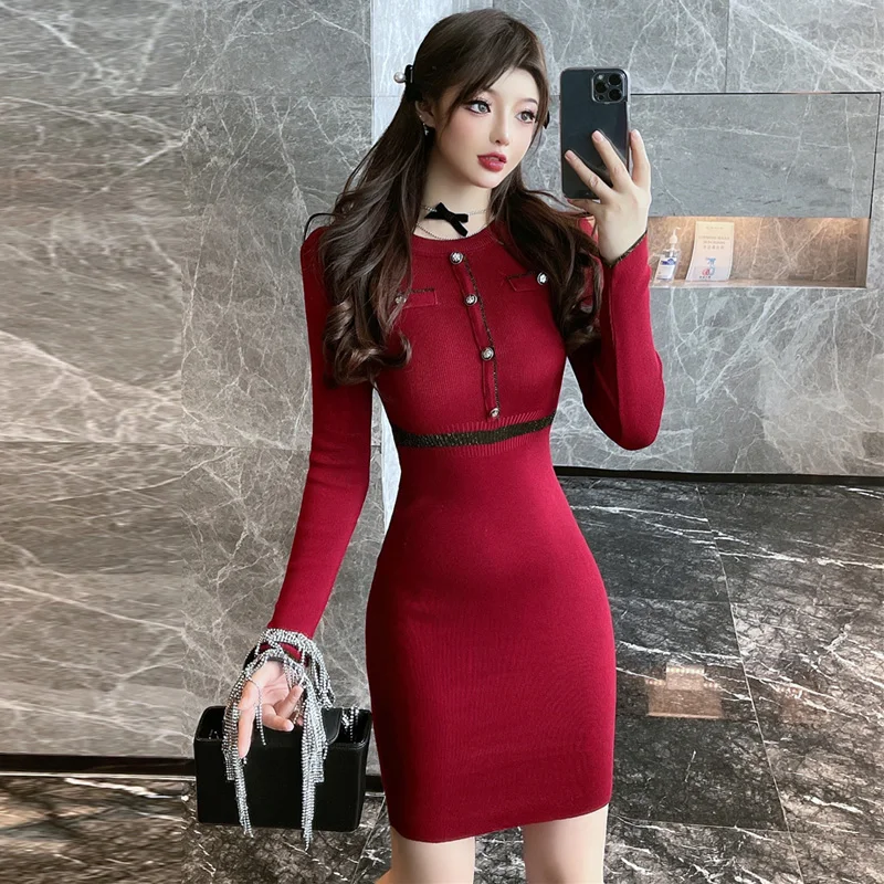 

Bodycon Women Knitting Maxi Dresses Buttoned Long Sleeve Midi Robe Elegant Black High Waisted Korean A Line Ribbed Red Vestidos