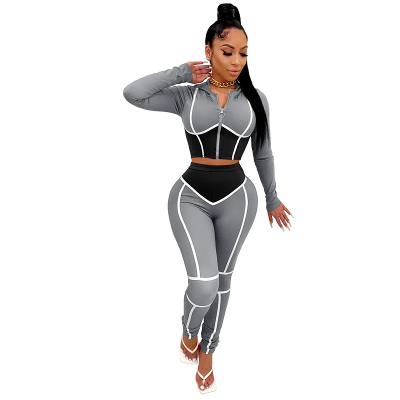 

Cutubly Long Sleeve Women'S Set Color Patchwork Two Piece Set Tracksuit Hoodies Jogging Pants Suit Set Fashion Zipper Outfits