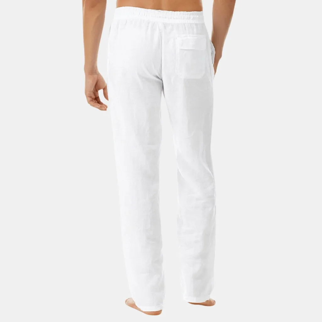 

Feitong fashion cotton linen pants men casual work solid white elastic waist Streetwear Long pants