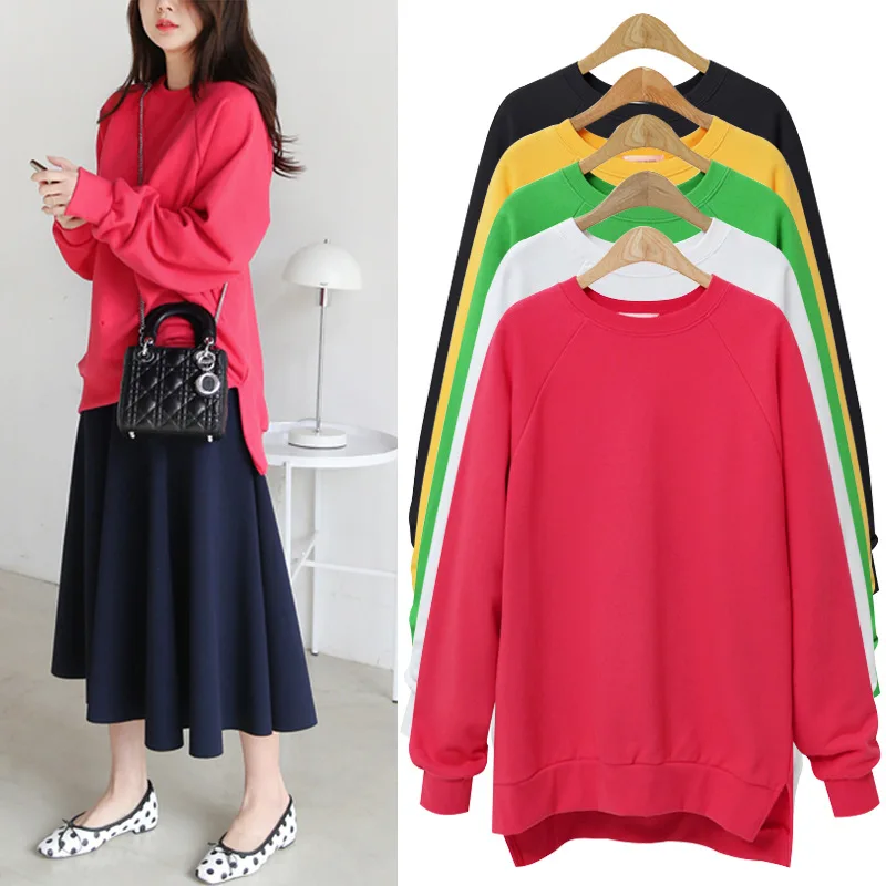 

Woman Autumn Loose Sweatshirts Oversized Mid-length O- Neck Hooded Pullover Tops Long Sleeved Loose Casual Clothes