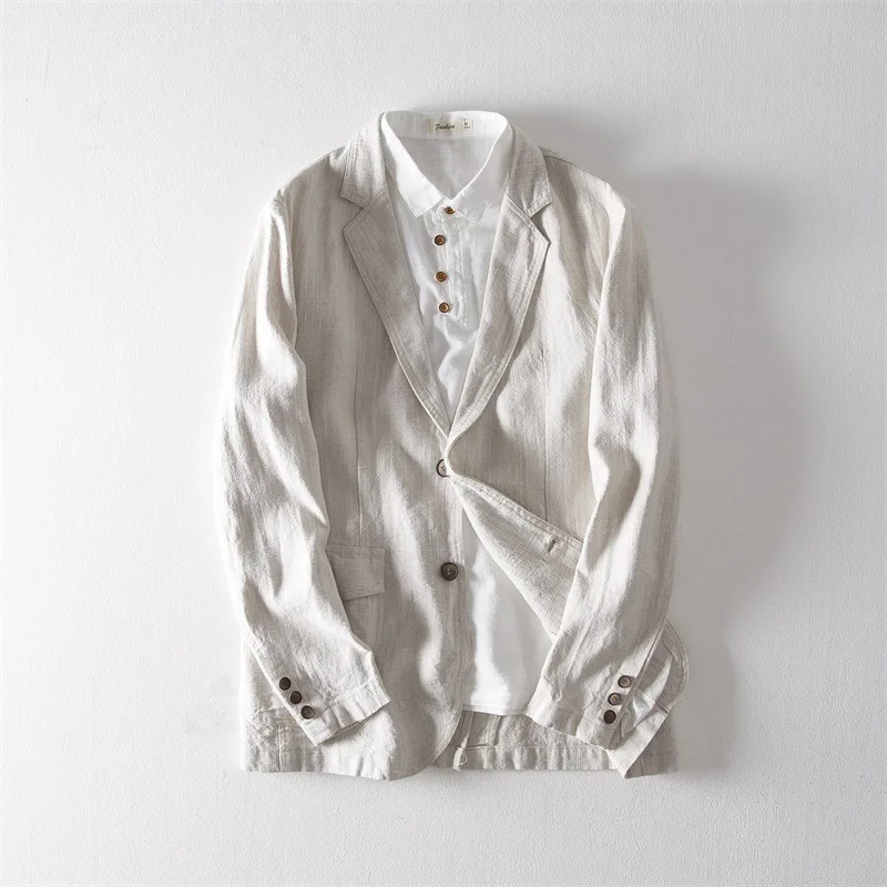 Мужской Повседневный хлопковый льняной Блейзер Мужская однотонная куртка