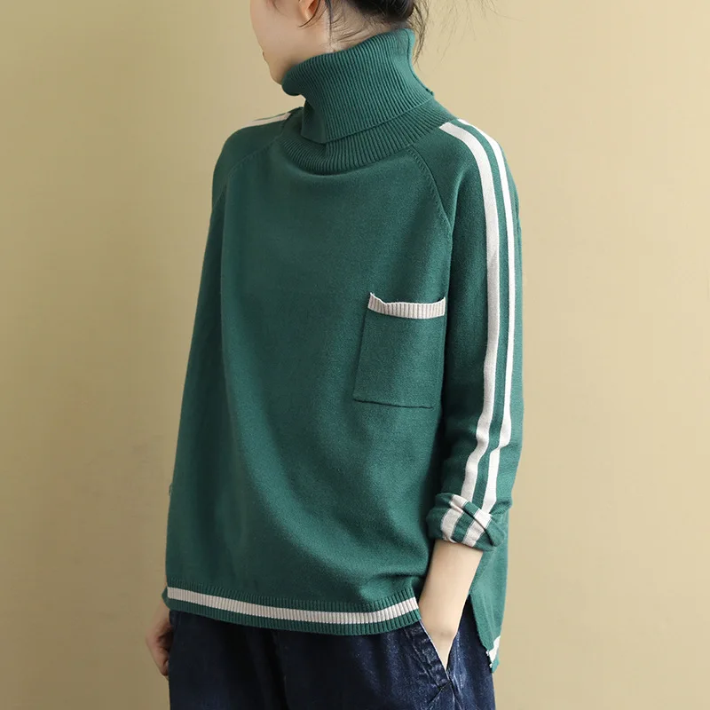 Женский вязаный свитер с высоким воротом Свободный пуловер карманами на каждый