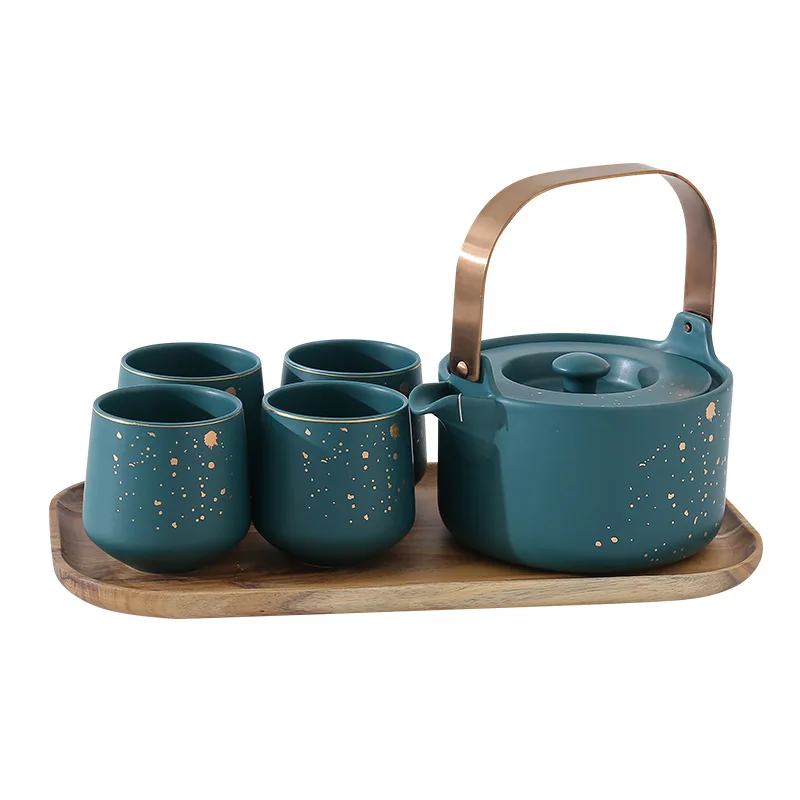 

Xi Dian Jin Series Household Teapot Tea Set Japanese Matte Ceramic Afternoon Tea Cup with Acacia Mangium Base Support
