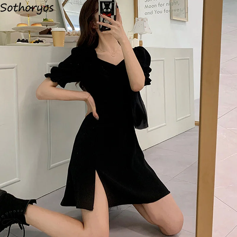 

Women Solid Dresses Short Puff Sleeve Side-slit Elegant Folds Chic Square Collar Retro Above Knee Popular Daily Streetwear Hot
