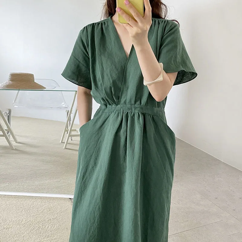 

2021 Summer French Vintage V-Neck Folds Design Dress Lace-Up Waist Robe Female Korean Chic One-Piece Women'S Dress Casual Dress
