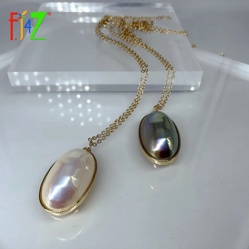 

F.J4Z New Classic Big Pearl Pendant Necklace for Women Fashion Oval Simulated Pearl Long Sweater Chains Baroque Female Dropship