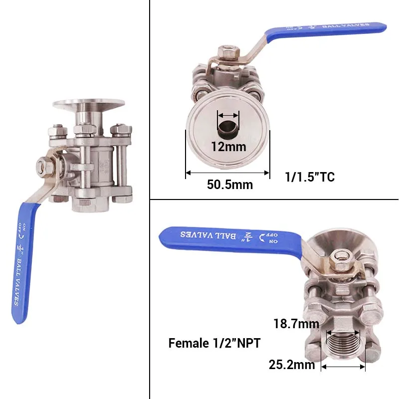 Шаровой кран из нержавеющей стали 1 5 дюйма от TC до 1/2 мама BSP(NPT) 304 конструкция 3
