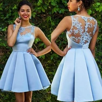2021 new sexy sky blue short prom dresses jewel sleeveless lace appliques satin ruffle cooktail dress special occasion homecomi