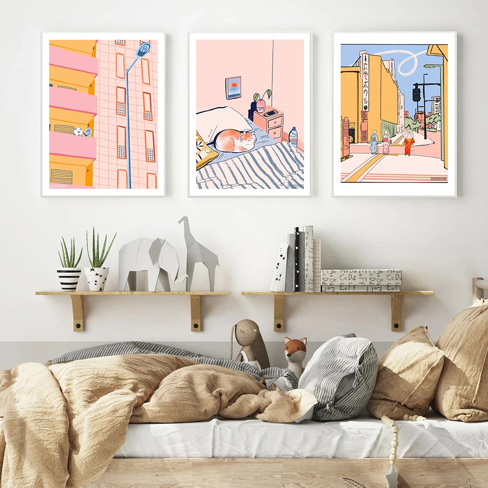Скандинавский мультяшный Кот холст Постер в скандинавском стиле аниме летний