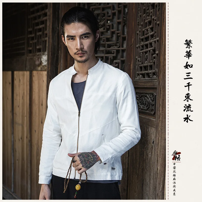 

Men's stand collar slim fit linen cotton white dark blue summer casual zipper thin jacket for men new