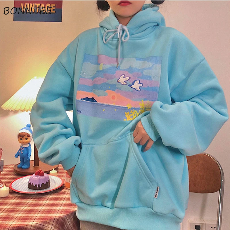 

Hoodies Women Harajuku Printed Casual Long Sleeve Hooded Ins Students Japanese Fashion All-match Loose Causal Pullovers Spring