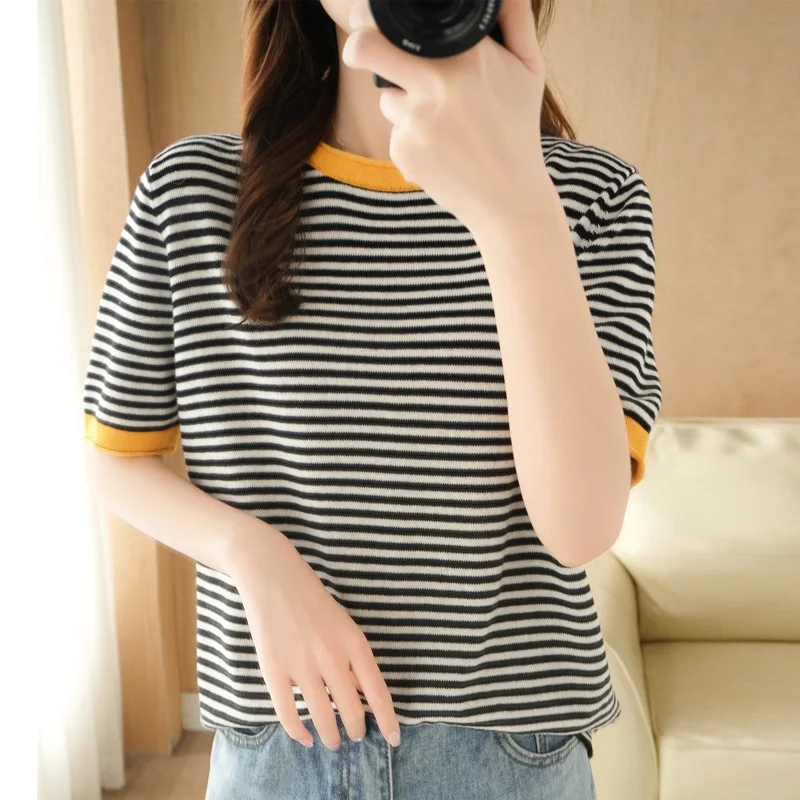 

Pure Cotton Summer Sweater Women Fashion Striped Round Neck Short-Sleeved Female Pullover Elegant Chic Office Lady Knitwear Top