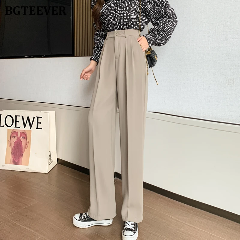 

BGTEEVER Stylish Loose Women Wide Leg Trousers Casual High Waist Pockets Solid Straight Female Pants 2022 Spring Summer