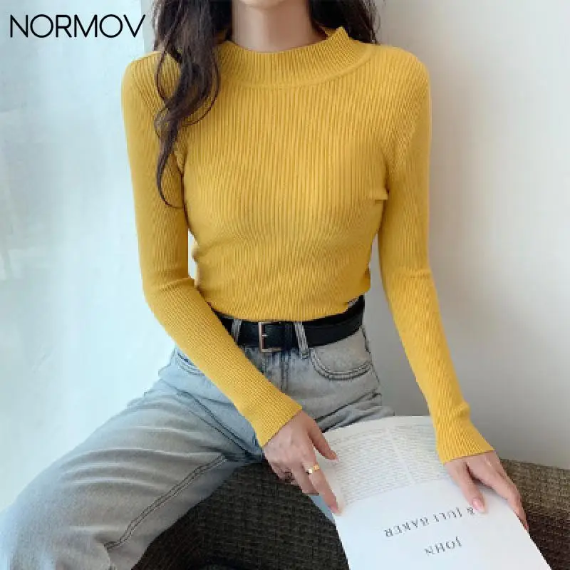 

Женский свитер NORMOV, Осенний Повседневный свитер с воротником «хомут», вязаная Облегающая рубашка с длинным рукавом, корейский Модный пулов...