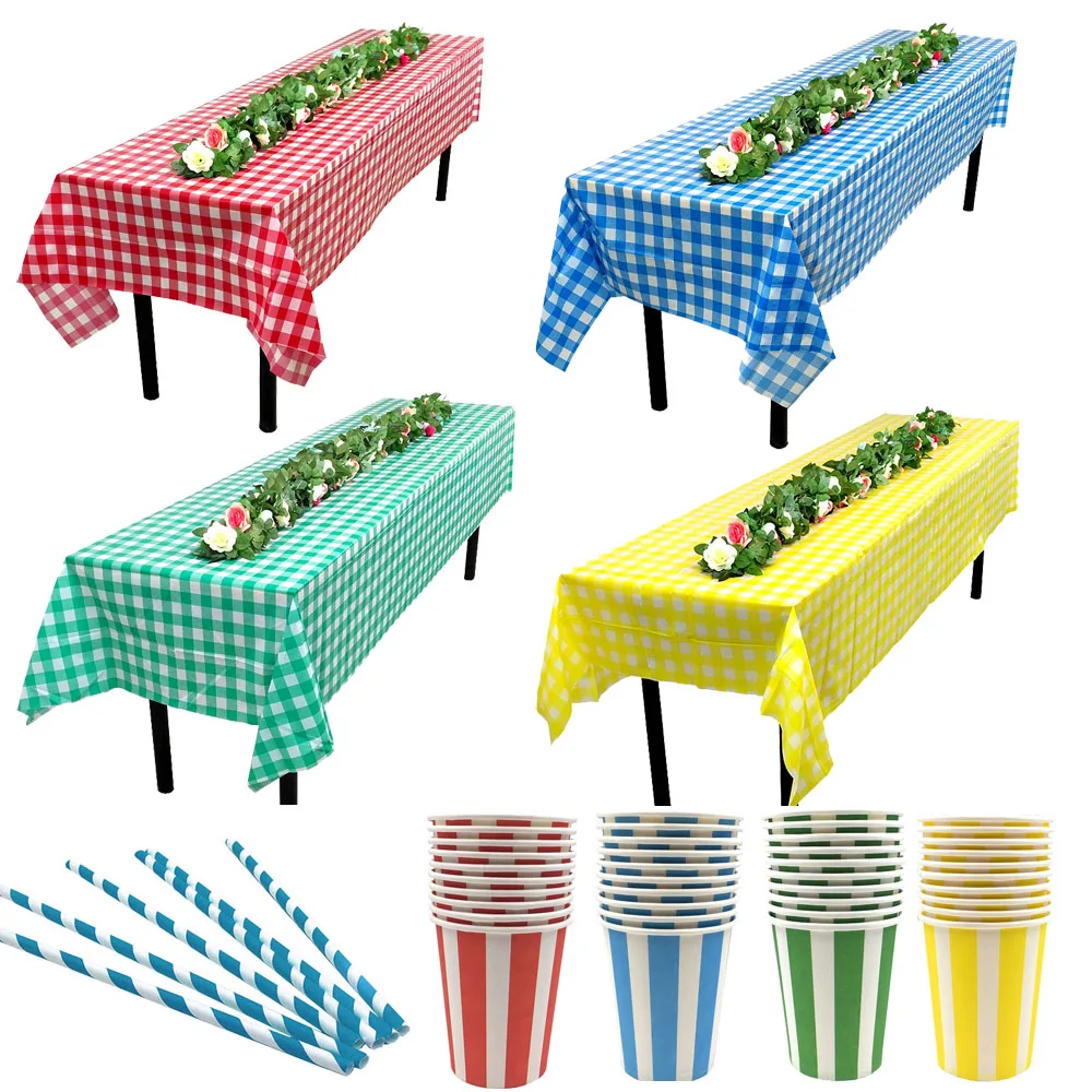 Красочные бумажные стаканы в полоску и тарелки одноразовые трубочки скатерти