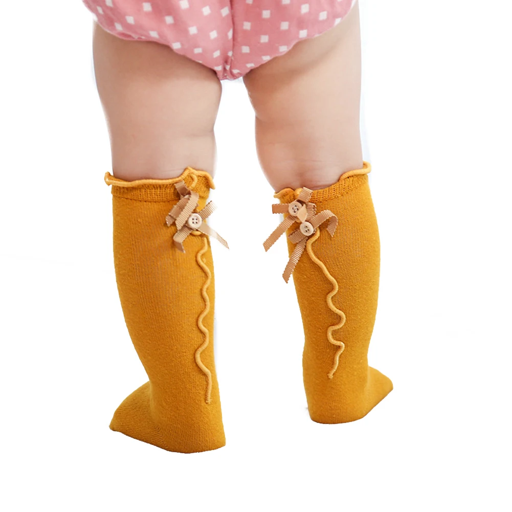 Милые носки до колен из мягкого хлопка с бантом и пуговицами для маленьких