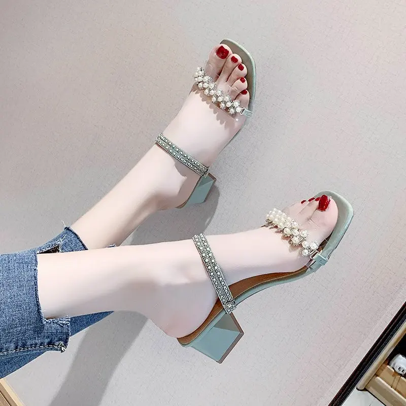 

2021 Summer New Fashion Square Toe Mid-Heel Sandals with Pearl Rhinestones Simple Solid Color Women's Slippers