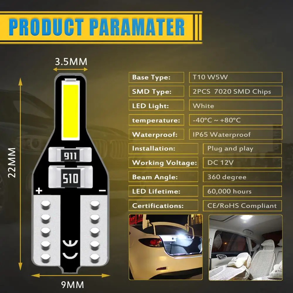 10 шт 12v T10 W5W Автомобильный светодиодный лампы Авто 6000 К белый интерьер светильник