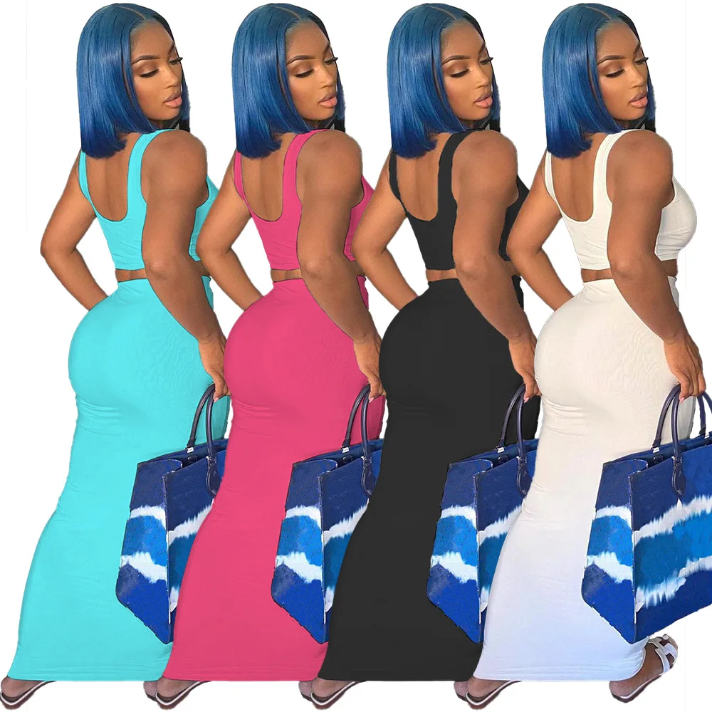 

Sexy Two Piece Set Sleeveless Backless Crop Top Bodycon Maxi Skirts Club Outfits Women Summer Festival Rave Matching Dress Suit