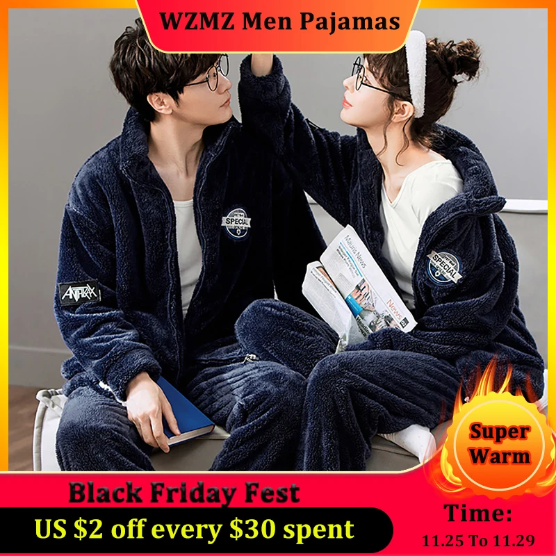 

Winter Couple Pajamas Men Pajama Sets Double Sides Flannel Thick Warm Pijama Fashion Embroidery Sleep Tops Antistatic Loungewear