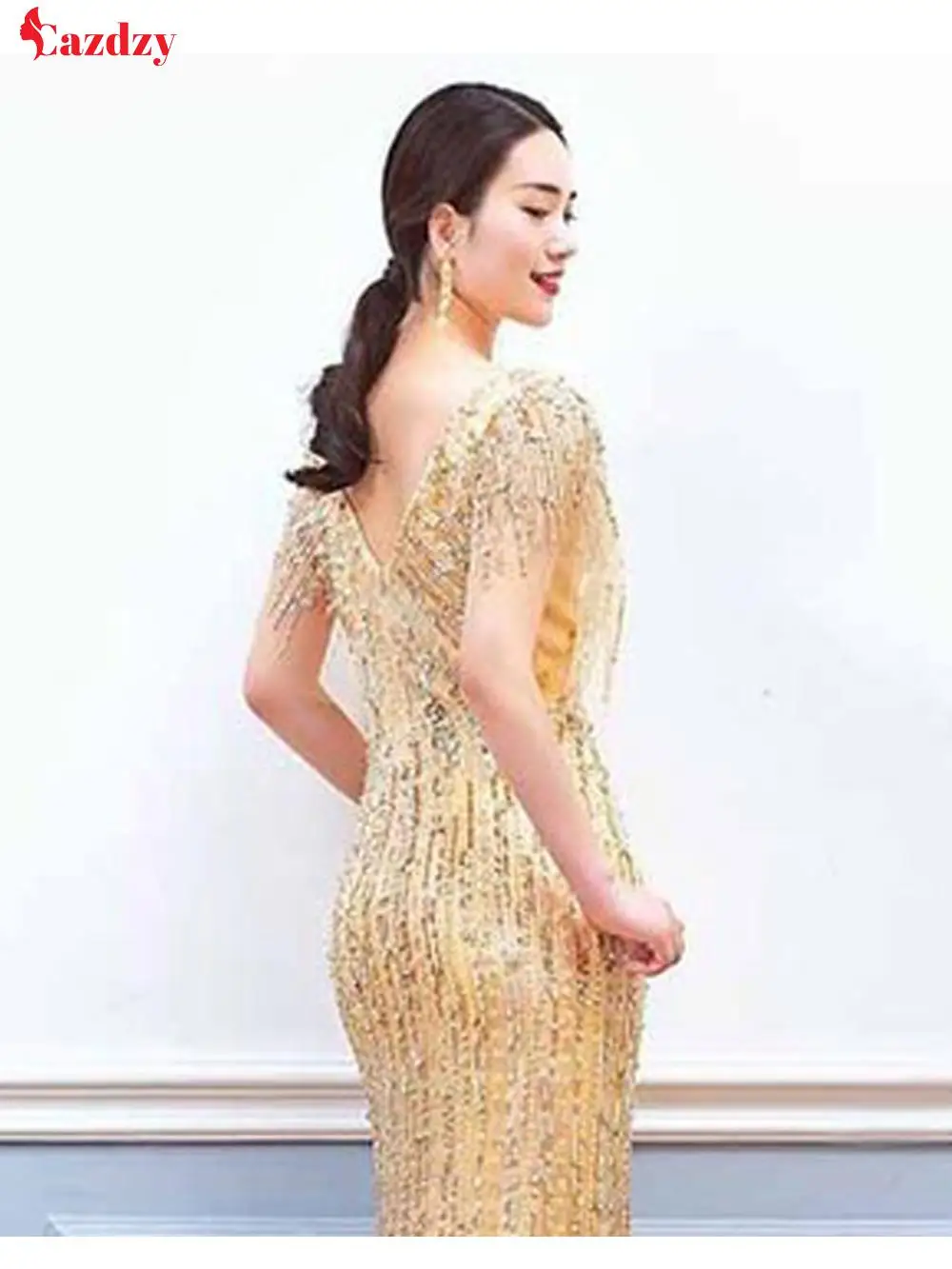 

Gold Long Evening Dress Sequins Mermaid Sleeveless Backless V-Neck Slim Elegant Formal Women Prom Gown Dresses Robe De Soiree