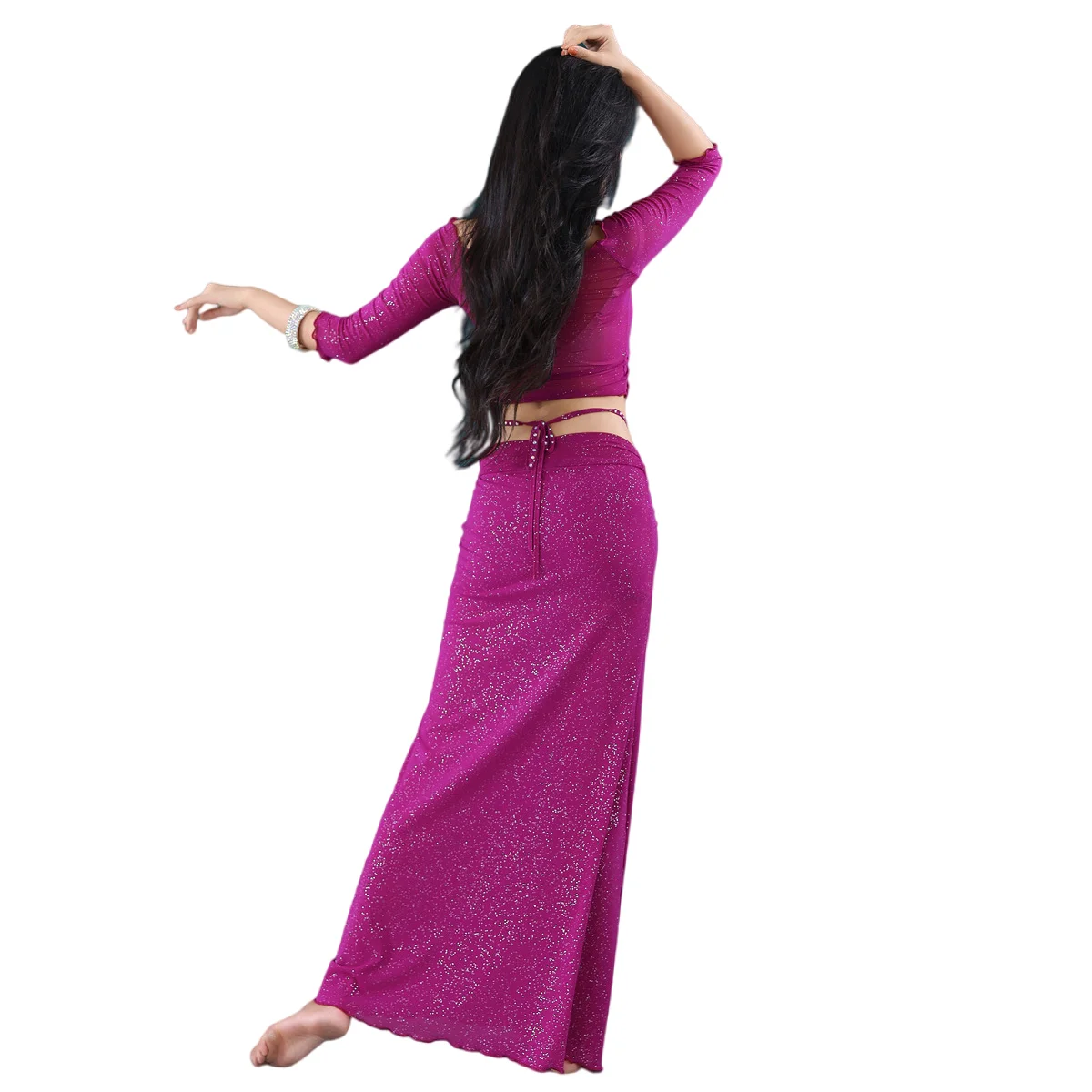 Костюм для танца живота с длинным рукавом серебристая сетка |