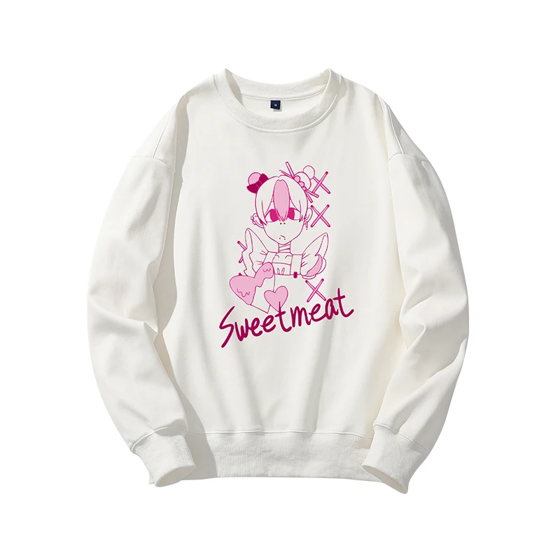 

Осенний пуловер, свежая Милая Белая Корейская толстовка на молнии с воротником-стойкой и принтом, хлопковая свободная толстовка с круглым в...