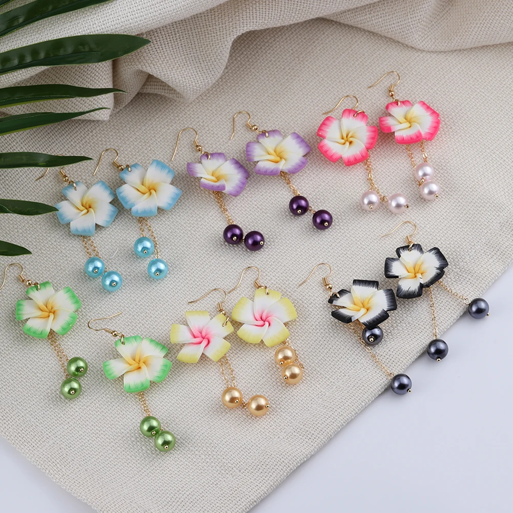 

Cring Coco Hawaiian Flower Earrings Women Fashion Samoa Earings Soft Polymer Long Pearl Plumeria Dangle Drop Earring for Girl